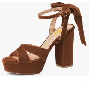 FSJ Brown Platform Chunky High Heel Velvet Peep Toe Bowtie Ankle Strap Sandals